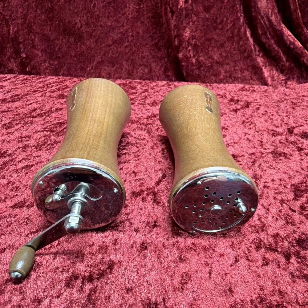 Vintage Jet Line Wood Salt Shaker and Pepper Mill Set Mid Century Modern Chrome